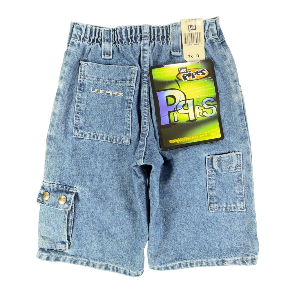 Lee‎ Pipes 90s Vintage Denim Cargo Shorts Boys 7X Retro Stone Blue NWT New